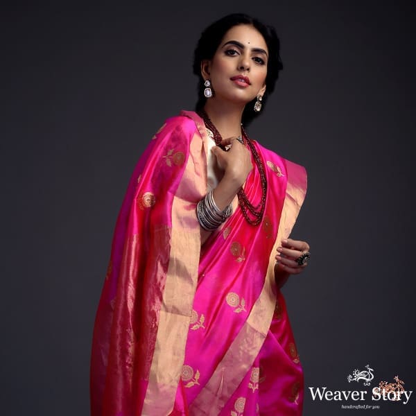 Hot_Pink_chanderi_silk_saree_with_gold_zari_floral_motifs_WeaverStory_01