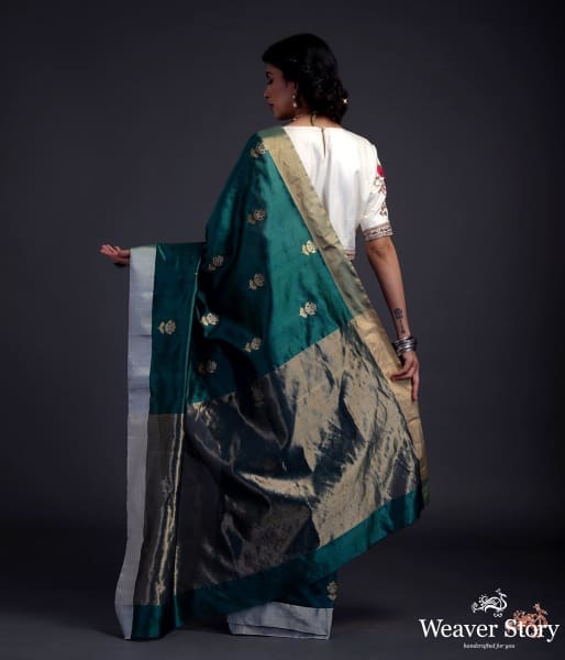 Teal_green_chanderi_silk_saree_with_gold_zari_meenakari_boota_WeaverStory_03