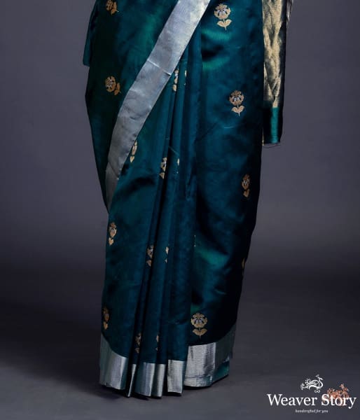 Teal_green_chanderi_silk_saree_with_gold_zari_meenakari_boota_WeaverStory_04