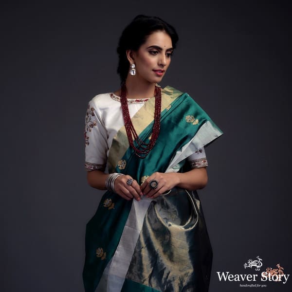 Teal_green_chanderi_silk_saree_with_gold_zari_meenakari_boota_WeaverStory_01