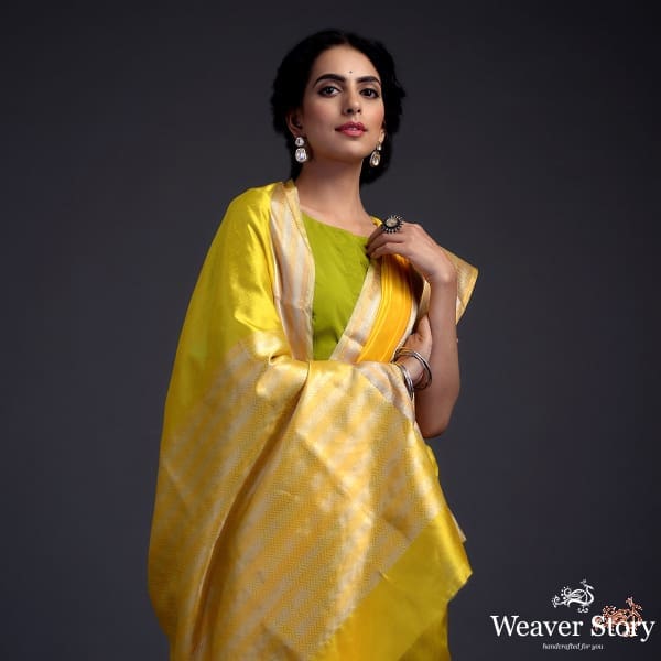 Yellow_silk_chanderi_saree_with_Gold_and_silver_borders_WeaverStory_01