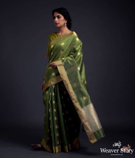 Henna_green_chanderi_silk_saree_with_gold_zari_chaand_boota_WeaverStory_02