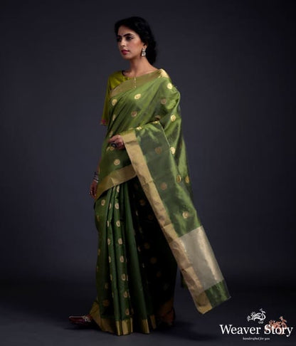 Henna_green_chanderi_silk_saree_with_gold_zari_chaand_boota_WeaverStory_02