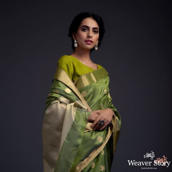 Henna_green_chanderi_silk_saree_with_gold_zari_chaand_boota_WeaverStory_01