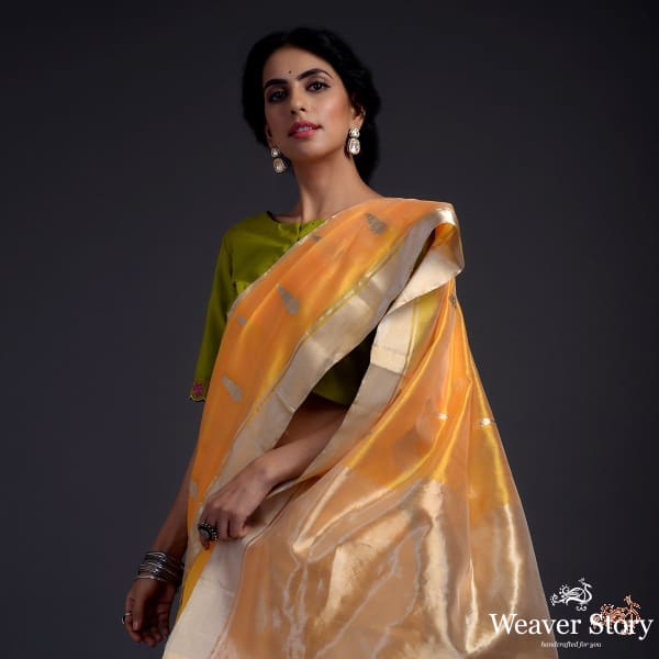 Mango_Yellow_chanderi_saree_with_silver_zari_motifs_WeaverStory_01